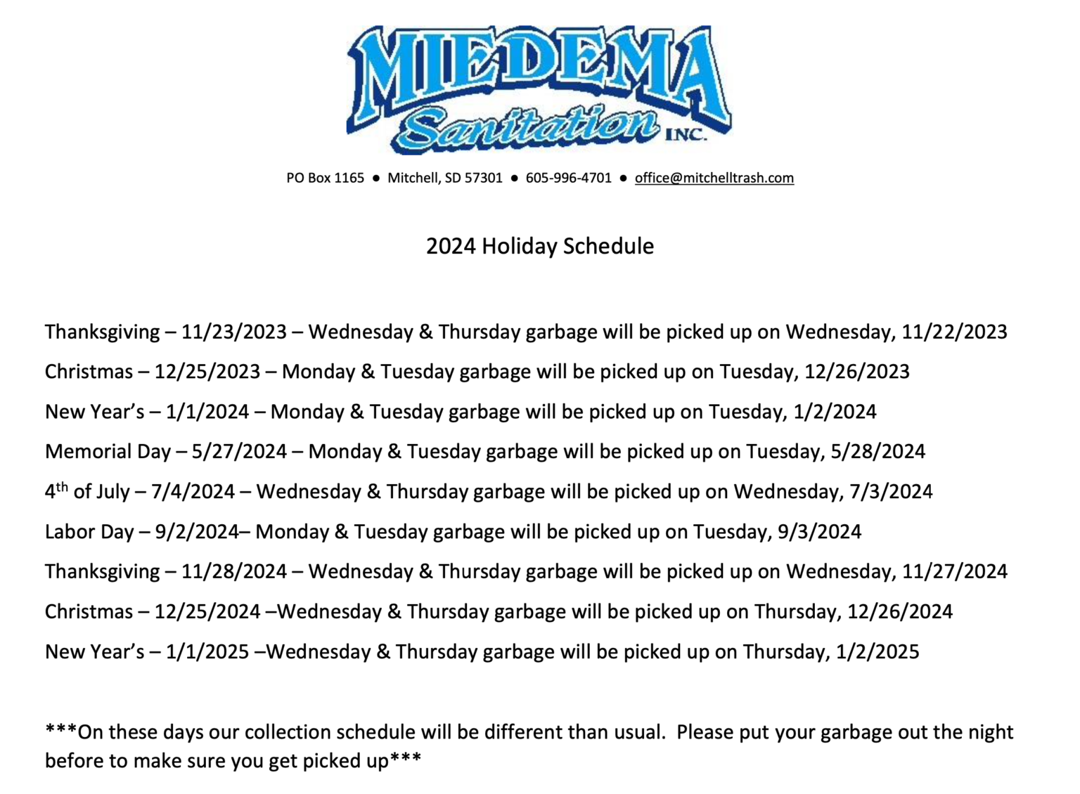Please call if you have trouble reading the holiday collection schedule